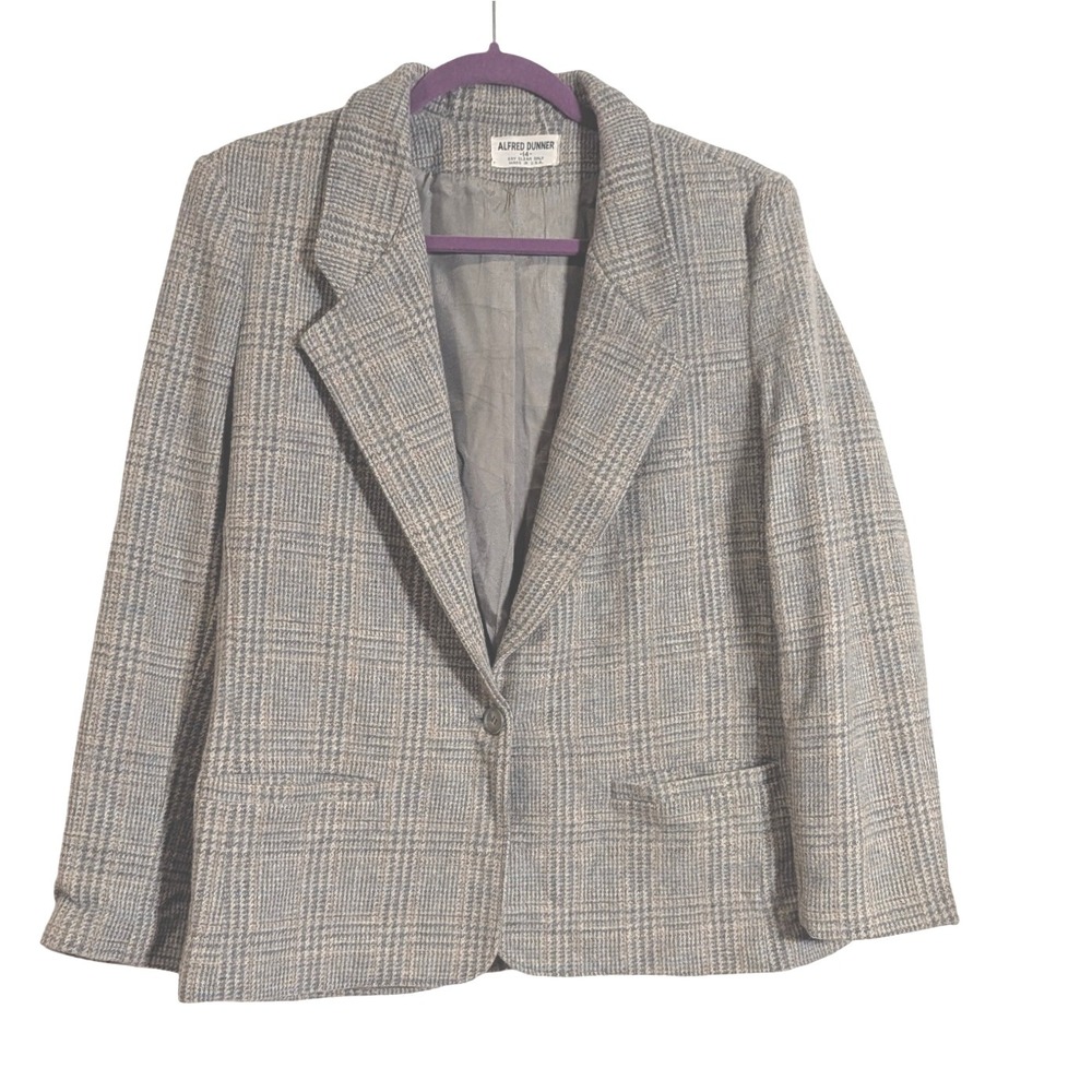 Alfred Dunner Blazer 14 Gray Beige Wool Plaid Tweed Lined Single Button